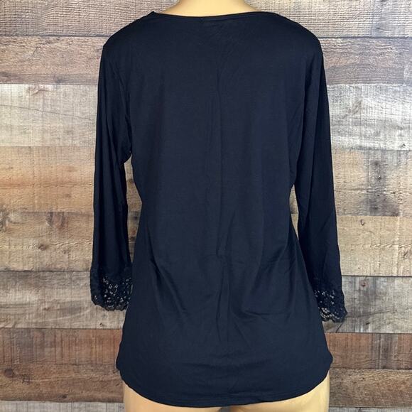 Natori Solid Black Cropped Sleeve Lace Trim Top Loungewear Size Large - Picture 5 of 8